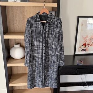 Tahari Black & White Tweed Zip-Front Long Coat